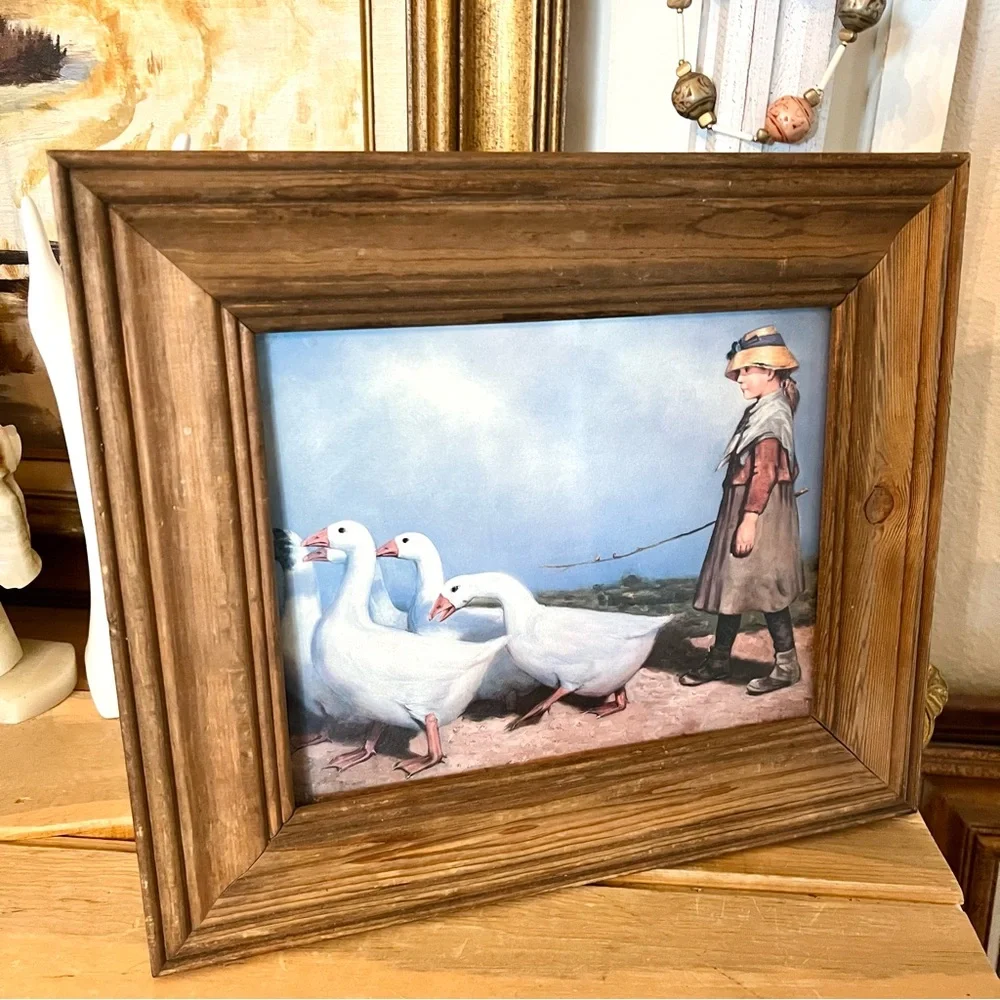 Vintage 1980s Print “Girl Herding Ducks” wood frame with glass 14x12 - Picture 3 of 3